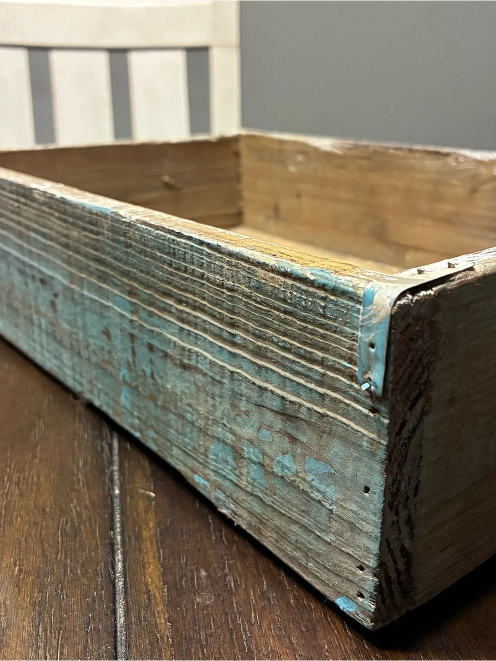 Farmhouse Painted Wood Rectangle Serving Tray Rope Handles Brown White Blue
